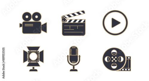 Film and video production equipment icons set for creative projects