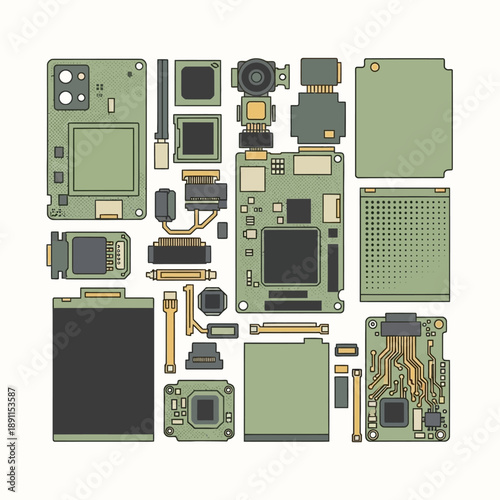 Detailed Vector illustration of disassembled modular electronic device components, showcasing internal hardware layout and intricate circuitry for modern portable technology