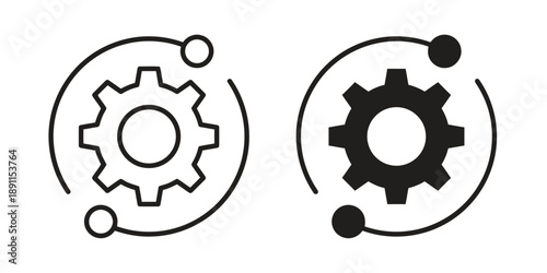 Gear with circle and dots icon set, representing rotation, mechanism, and system components, cyclical process and precision engineering