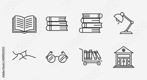 Line art icons representing education and literature for design projects