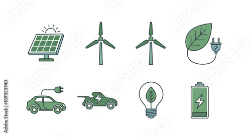 Clean energy icons solar panels wind turbines electric car and eco symbols