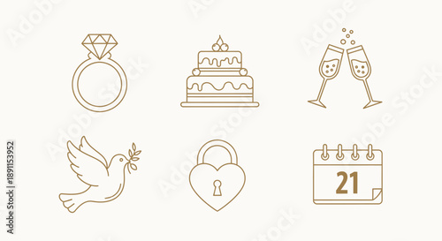 Wedding icons set ring cake champagne dove lock and calendar