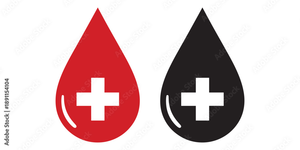Obraz premium Blood drop icons with medical cross symbols in red and black isolated on white background