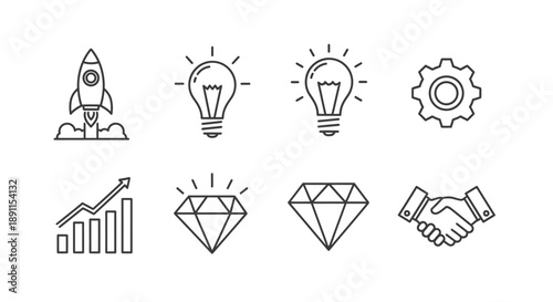 Conceptual business icons rocket light bulb gear growth chart diamond handshake
