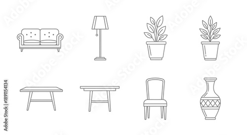 Minimalist interior design elements sofa lamp plants table chair and vase