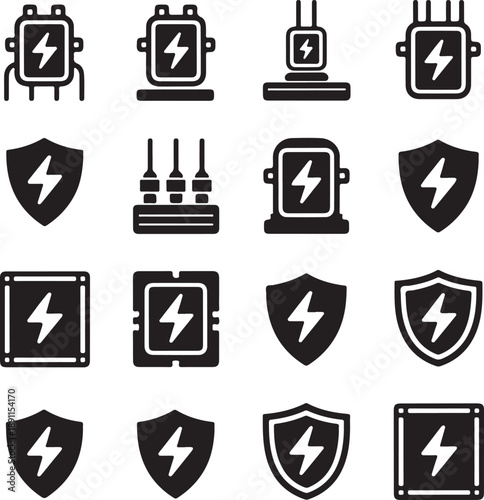 security icons set with shields and lightning bolts