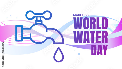 World Water Day, March 22 banner with water tap and drop on wavy background, vector illustration