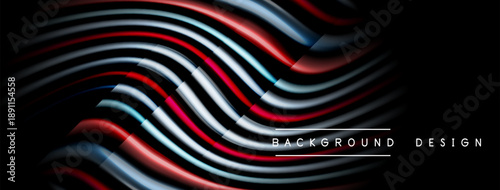Abstract waves, dynamic lines, dark background. Red, white, blue hues create modern visual effect. Minimalist design element.