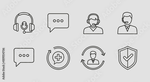 Customer service icons headsets speech bubbles and security elements