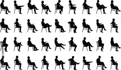 Sitting people silhouettes collection, male female chair poses, business casual gestures, waiting conversation positions, isolated black vector illustration