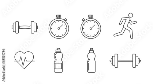 Fitness and wellness icons dumbbells stopwatch running figure heartbeat water bottles