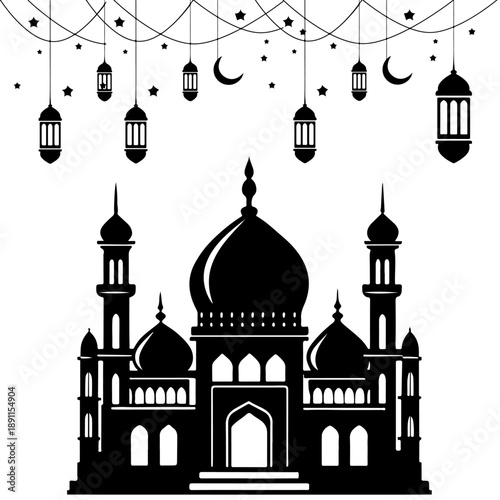 Ramadan Kareem Islamic Mosque Silhouette with Hanging Lanterns and Crescent Moon Vector Illustration
