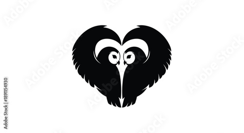 A black heart shaped owl design with striking features silhouette