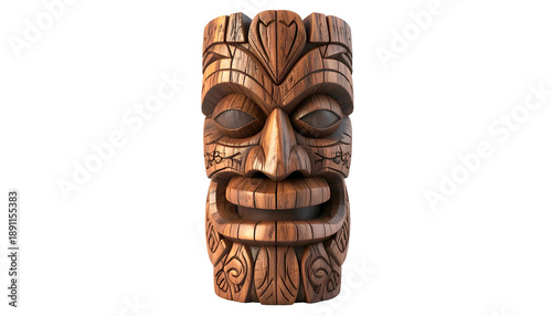 A detailed, wooden, carved tiki mask with intense facial features against black