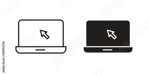 Outline and solid black icon showing laptop computer with cursor arrow indicating technology, digital, online, internet, and user interface interaction on screen