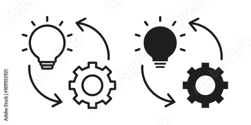 Idea and gear icon set, illustrating innovation process, creative thinking and mechanical operations, workflow and mechanism concept