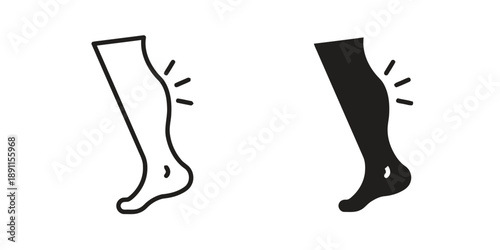 Leg and calf muscle icon, outline and filled silhouette, indicating pain or discomfort, swelling, and medical condition of lower limb.