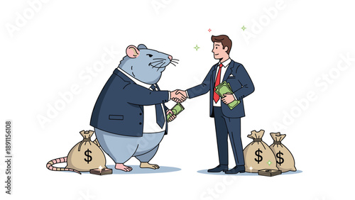 Businessman shaking hands with large rat in suit symbolizing corruption and unethical business deals involving illegal money bags.