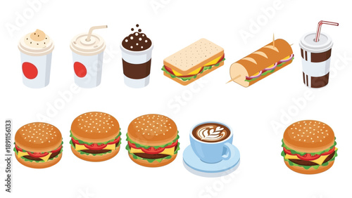 Collection of isometric fast food items, including burgers, sandwiches, and beverages