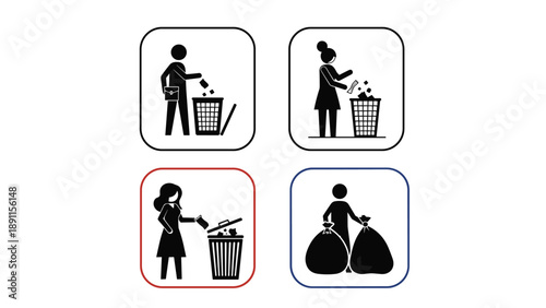 Set of black and white pictograms showing people properly disposing of garbage in bins and carrying trash bags for environmental waste.