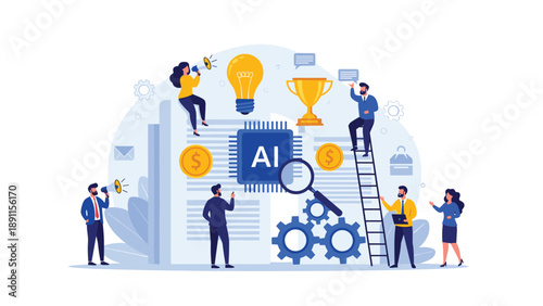 Team of business professionals using artificial intelligence for business development and success analysis with digital technology.