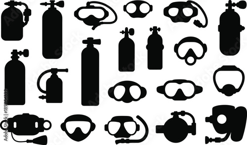 Black,scuba,diving,equipment,silhouette,collection,vector,set,oxygen,tank,mask,regulator,underwater,isolated,white,background,illustration,icon