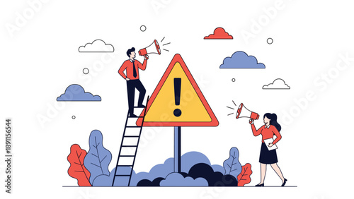Team of professionals using megaphones to spread warning information next to large yellow exclamation mark sign for safety alert.