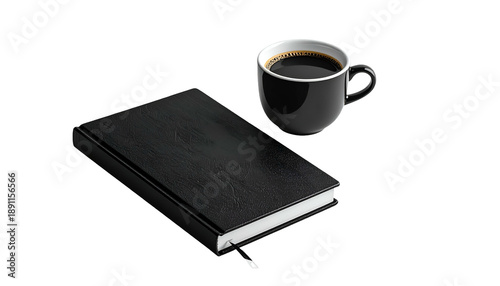 A black coffee cup and closed journal sit against a dark backdrop