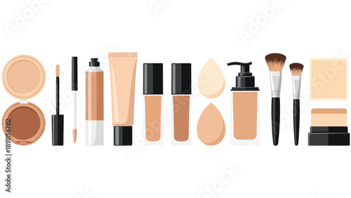 Assortment of essential liquid and compact makeup products for flawless facial application