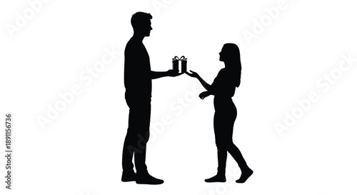 A couple exchanging gifts a romantic gesture in black silhouette