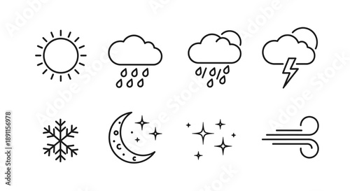 Weather icons set illustrating sun rain clouds snow and other atmospheric conditions