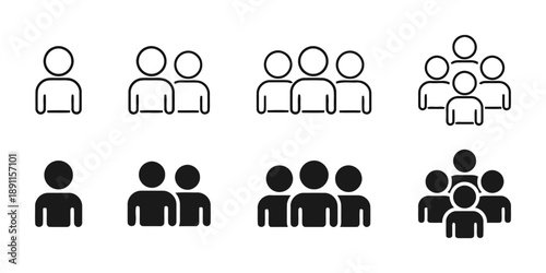 Visual representation of human figures in groups, from single individuals to larger clusters, shown in both outline and solid fill styles for diverse design needs.