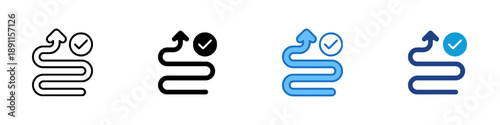 Winding path with check mark symbol in various styles representing success achievement and progress journey with direction arrow and completed task confirmation
