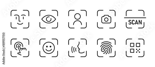 Wide array of biometric and scanning icons in a grid layout including face eye person camera scan touch fingerprint voice and QR code for digital verification systems