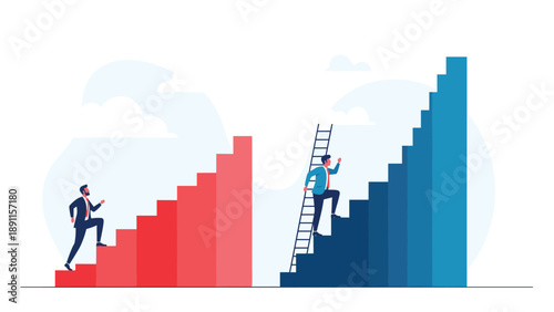 Competition concept showing two businessmen climbing stairs with one using ladder to gain unfair advantage for faster career growth.