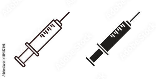 Syringe icon outline and solid fill, medical injection tool vector, simple graphic on white background, representing healthcare, medicine, and vaccination, clean vector design