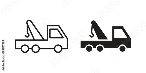 Tow truck icon in outline and solid black, representing vehicle recovery, breakdown assistance, towing service, and roadside help.