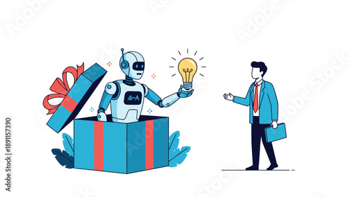 Innovation gift concept showing robot emerging from present box and handing bright lightbulb idea to surprised businessman.