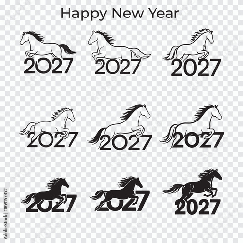 Black and white horse silhouettes with 2027 year in various poses and styles for new year celebration