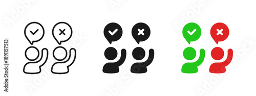 Vector icons set of people with checkmark and cross in speech bubbles line art black and white and color options for voting or survey concept choice and decision making process