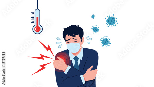 Sick man in face mask experiencing high fever and muscle pain during virus infection outbreak for health and safety awareness.