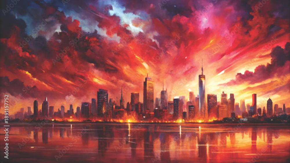 Fototapeta premium Abstract watercolor city skyline at dawn vertical rectangular brush strokes vector background 
