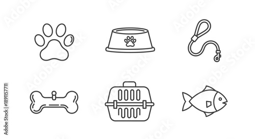 Dog care and pet supplies line art icons set illustration design