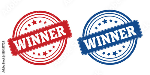 Red and blue winner stamp icons with starburst design elements