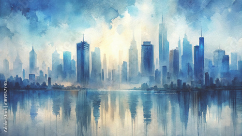 Abstract watercolor city skyline at dawn vertical rectangular brush strokes vector background 