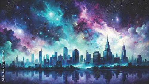 Abstract watercolor city skyline at dawn vertical rectangular brush strokes vector background 