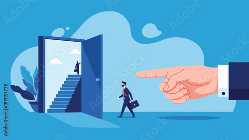 Giant hand pointing way to career success for businessman through open door with stairs leading to bright future in clouds.