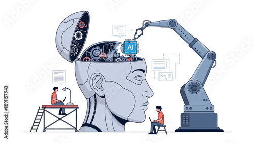 Robotics and artificial intelligence engineering showing mechanical arm installing chip into robot head with complex gear system.