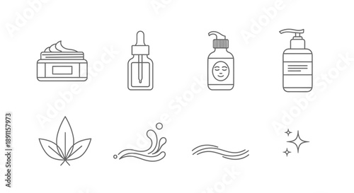 Cosmetic skincare product line icons cream serum lotion and natural elements