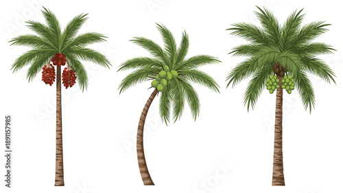Set of three different tropical palm trees with various fruits like coconuts and dates for exotic island or garden design.